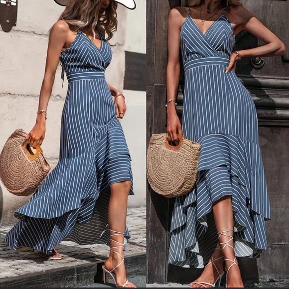 Dresses & Skirts - Boho striped ruffle trim maxi dress